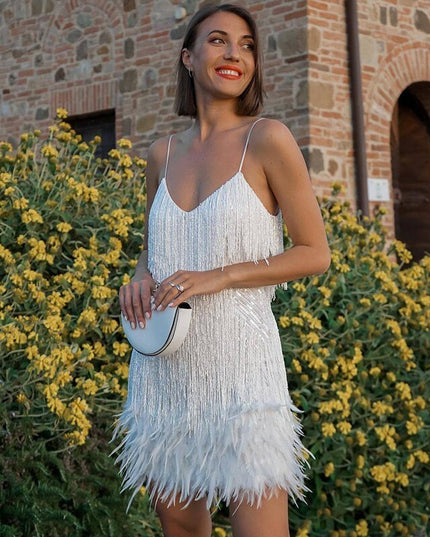 Women's Feather Hem Flapper Dress with Fringe Detailing