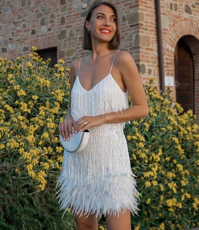 Women's Feather Hem Flapper Dress with Fringe Detailing