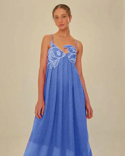 Blue fish print maxi dress with straps and airy full-length summer fit