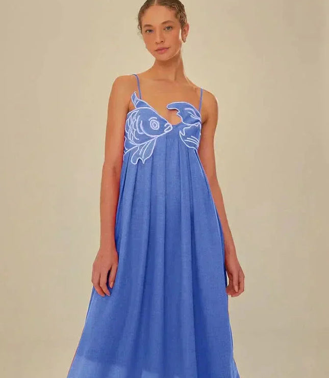 Blue fish print maxi dress with straps and airy full-length summer fit