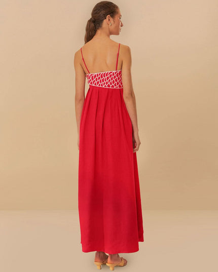 Back view of red fish print maxi dress with open back and scalloped waistband detail