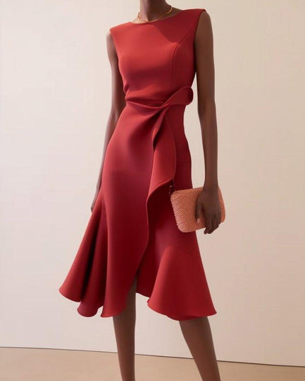 Women's Fitted Red Dress with a Ruffled Flounce Hem