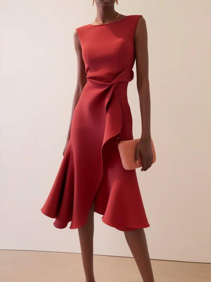 Women's Fitted Red Dress with a Ruffled Flounce Hem