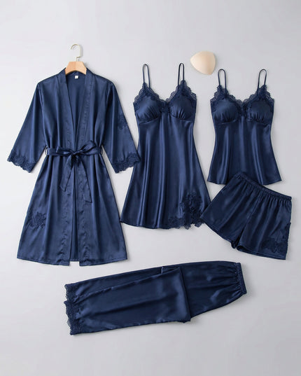 Women's Five-Piece Satin Set with a Robe and Lace Details