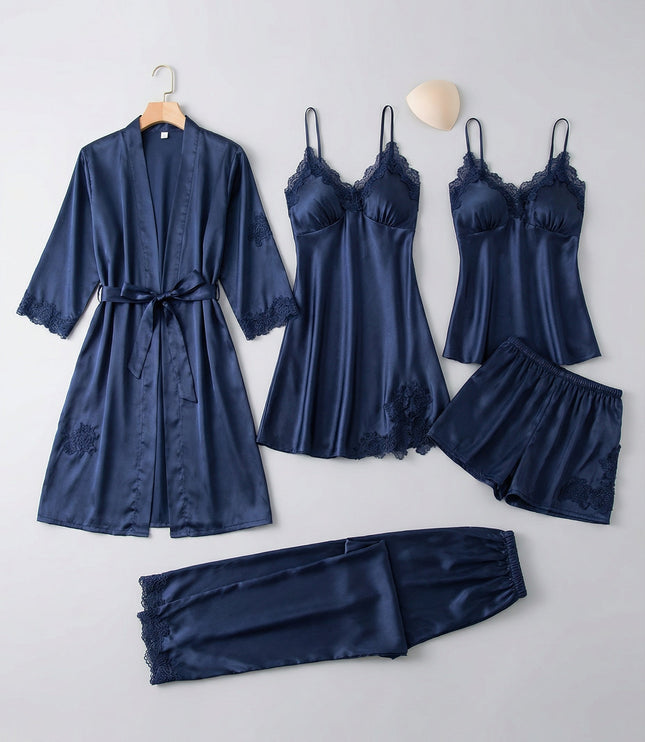 Women's Five-Piece Satin Set with a Robe and Lace Details