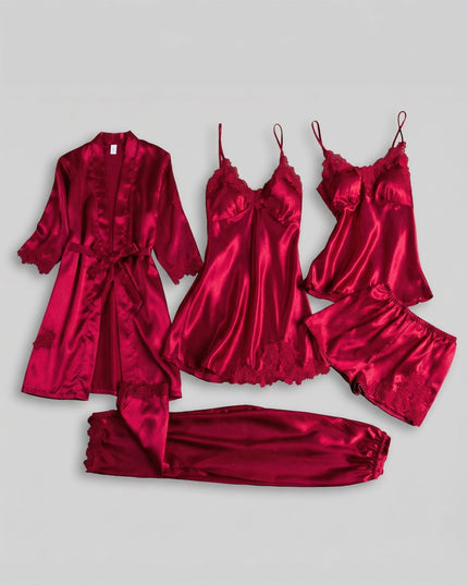 Women's Five-Piece Satin Set with a Robe and Lace Details