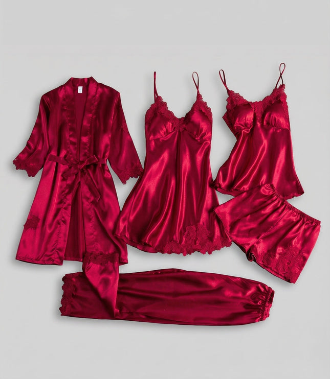 Women's Five-Piece Satin Set with a Robe and Lace Details