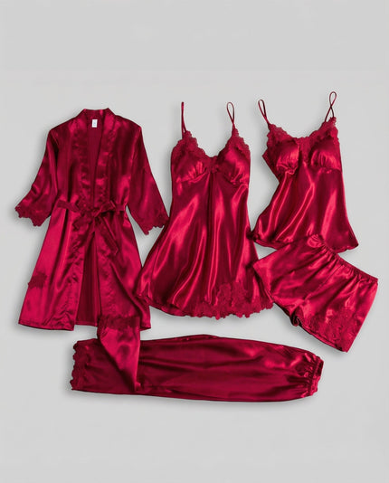 Women's Five-Piece Satin Set with a Robe and Lace Details
