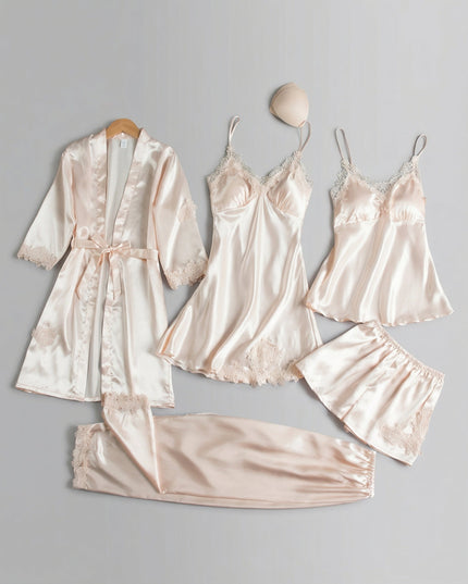 Women's Five-Piece Satin Set with a Robe and Lace Details