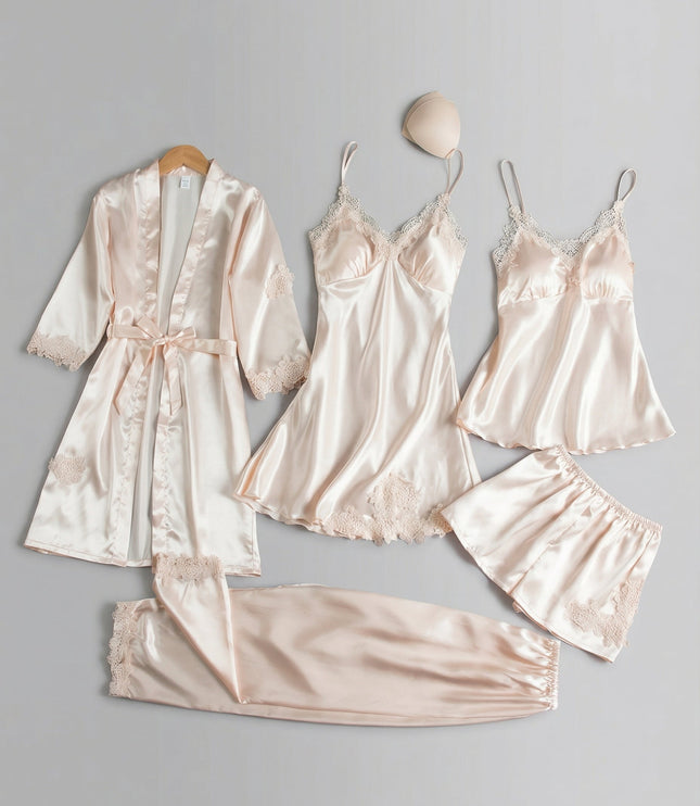 Women's Five-Piece Satin Set with a Robe and Lace Details