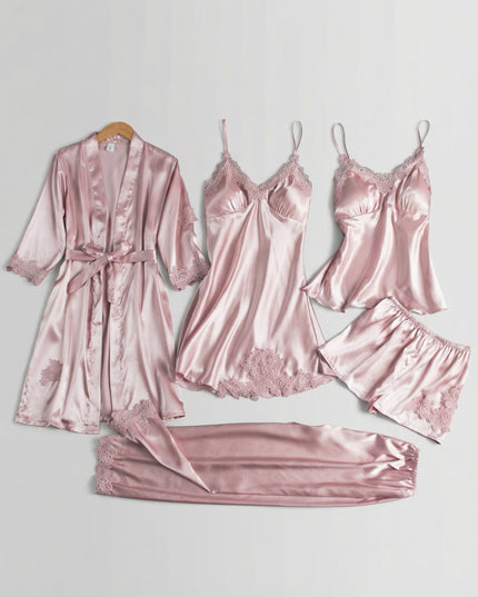 Women's Five-Piece Satin Set with a Robe and Lace Details