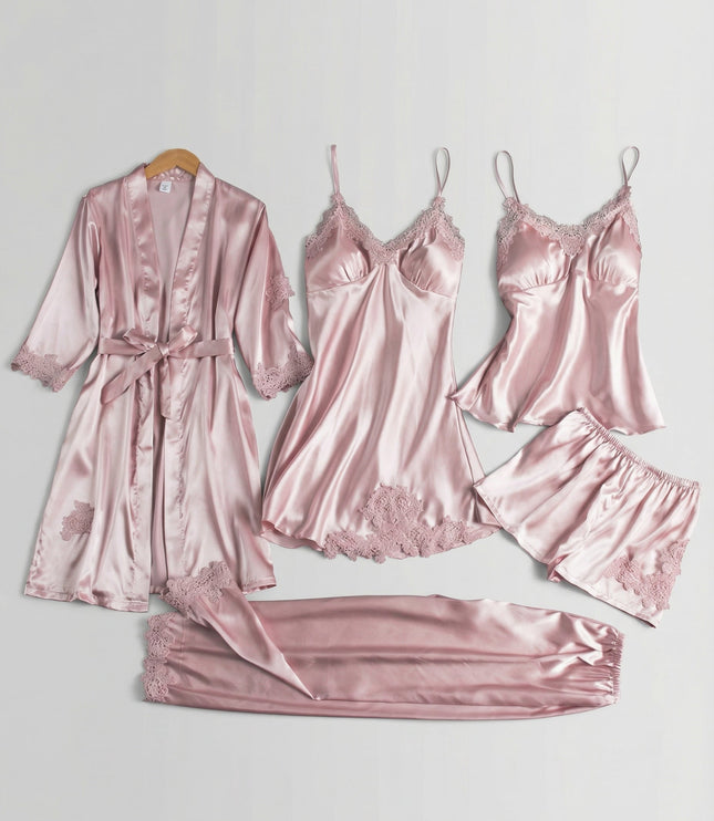 Women's Five-Piece Satin Set with a Robe and Lace Details