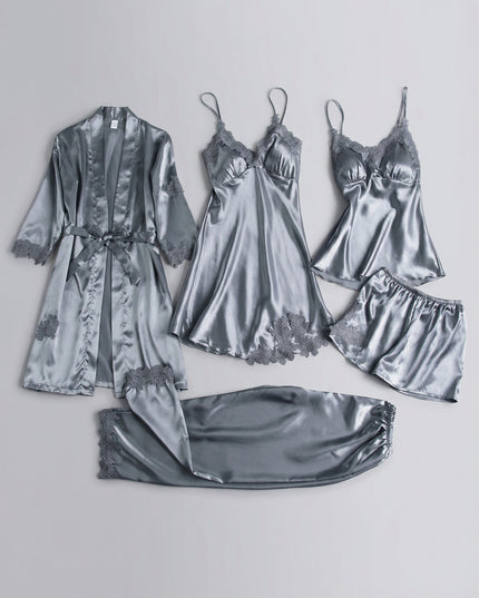 Women's Five-Piece Satin Set with a Robe and Lace Details