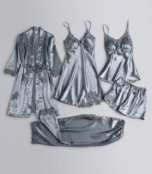 Women's Five-Piece Satin Set with a Robe and Lace Details