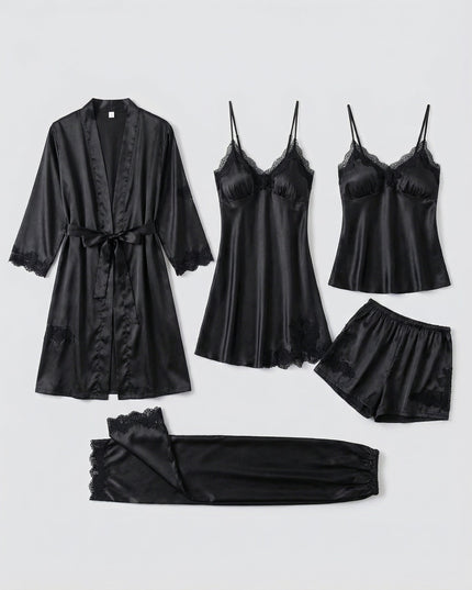 Women's Five-Piece Satin Set with a Robe and Lace Details