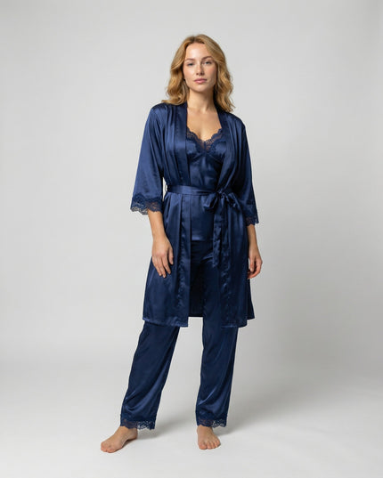 Women's Five-Piece Satin Set with a Robe and Lace Details