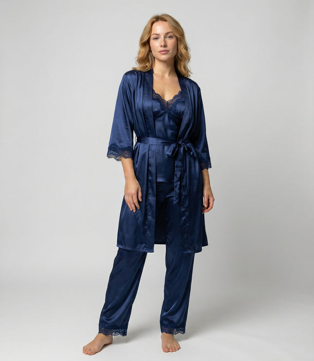 Women's Five-Piece Satin Set with a Robe and Lace Details