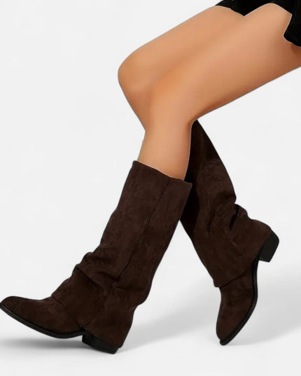 Women's Flat Foldover Boots in a Suede-Look Finish