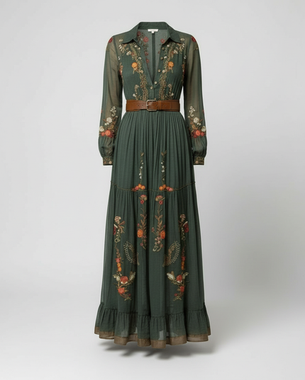 Green embroidered floral maxi dress flat lay with button front, long sleeves, and brown belt