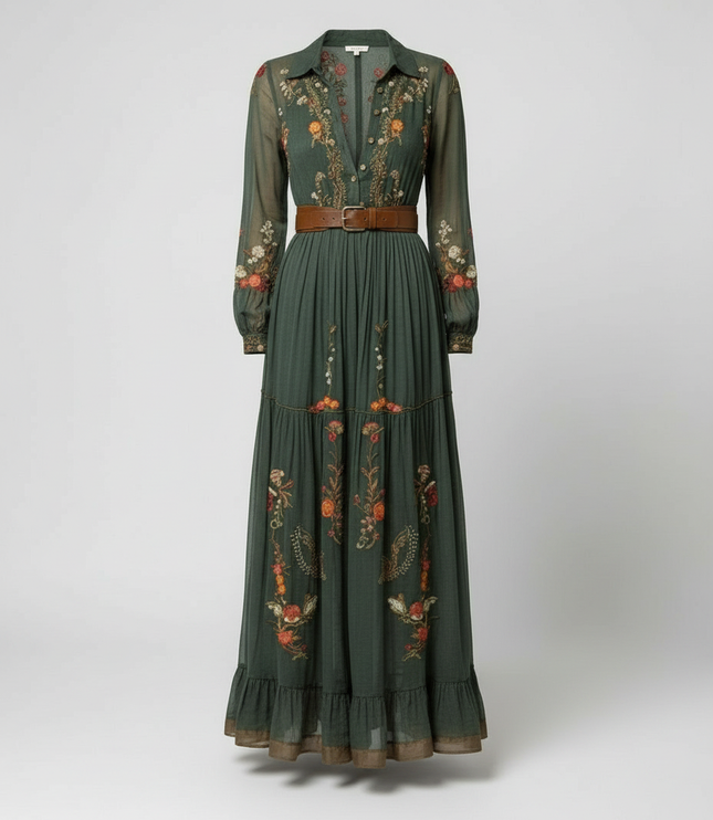 Green embroidered floral maxi dress flat lay with button front, long sleeves, and brown belt