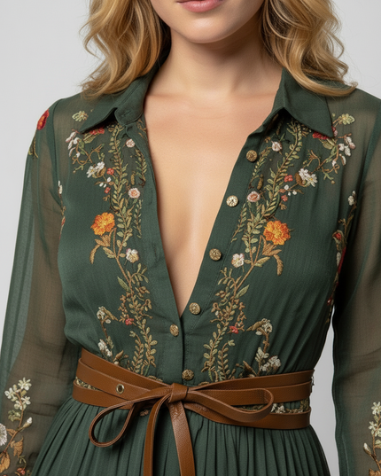 Close-up of green floral V-neck maxi dress bodice with buttons and brown tie belt detail