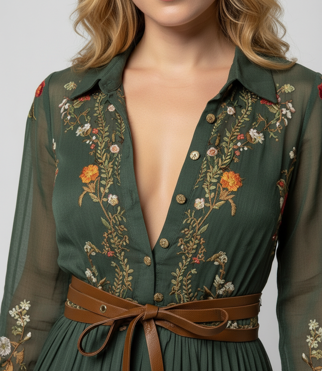 Close-up of green floral V-neck maxi dress bodice with buttons and brown tie belt detail