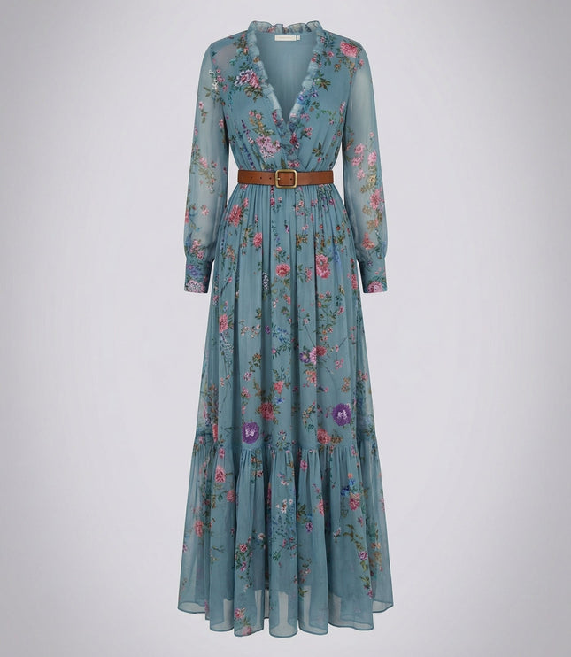 Blue floral V-neck maxi dress with ruffle neckline, long sleeves, and brown buckle belt