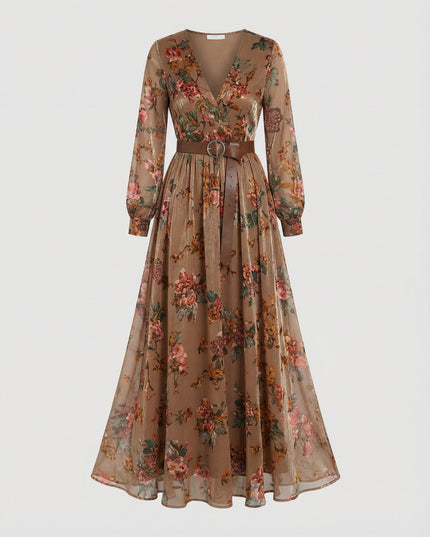 Brown floral V-neck maxi dress with long sleeves, flowy skirt, and wide belt with ring buckle