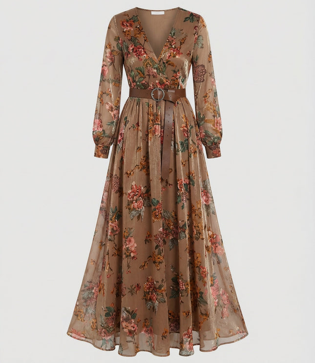 Brown floral V-neck maxi dress with long sleeves, flowy skirt, and wide belt with ring buckle