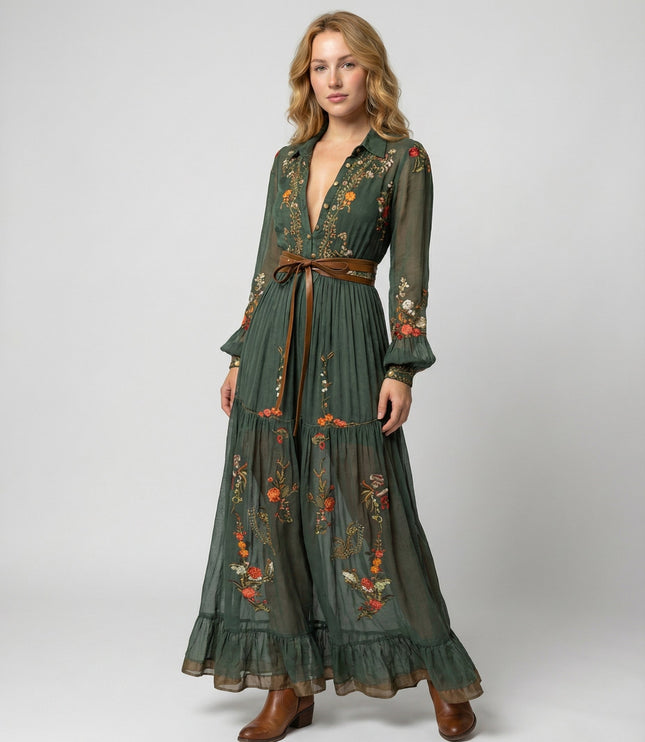 Green floral V-neck maxi dress with long sheer sleeves and tie waist belt, front view
