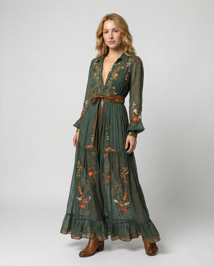 Green floral V-neck maxi dress with long sheer sleeves and tie waist belt, front view