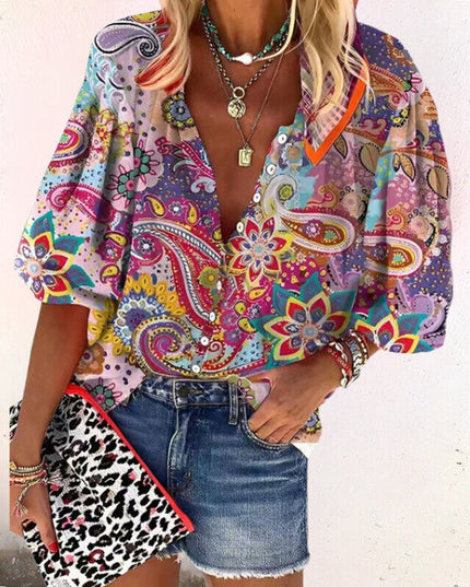 Women's Floral Button Front Long Sleeve Blouse