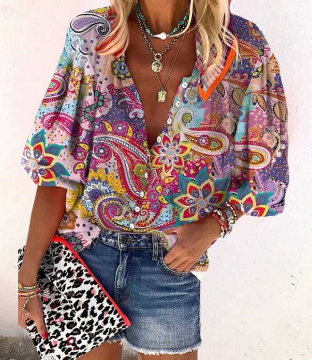 Women's Floral Button Front Long Sleeve Blouse
