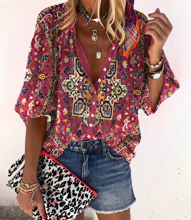 Women's Floral Button Front Long Sleeve Blouse