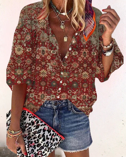 Women's Floral Button Front Long Sleeve Blouse
