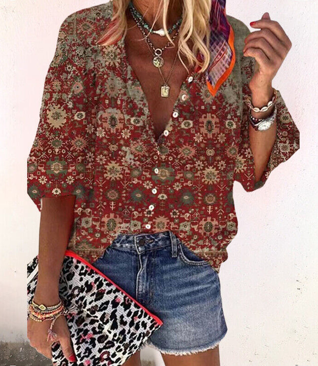 Women's Floral Button Front Long Sleeve Blouse