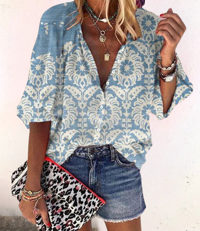 Women's Floral Button Front Long Sleeve Blouse