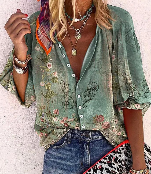 Women's Floral Button Front Long Sleeve Blouse