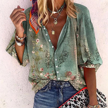 Women's Floral Button Front Long Sleeve Blouse