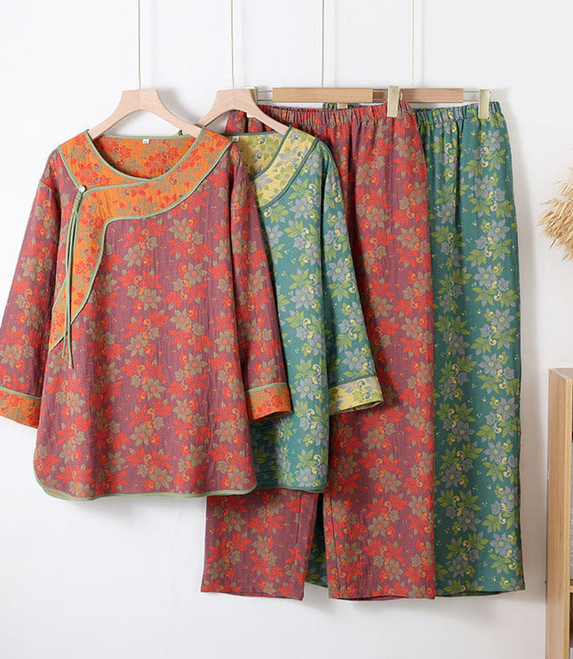 Women's Floral Cotton Two-Piece Pajamas with Frog Closures