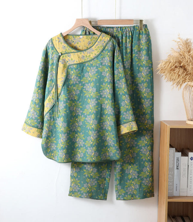 Women's Floral Cotton Two-Piece Pajamas with Frog Closures