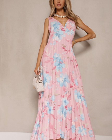 Pink floral sleeveless maxi dress with blue blossoms, pleated skirt and V-neckline