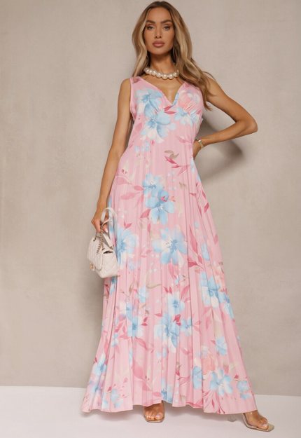 Pink floral sleeveless maxi dress with blue blossoms, pleated skirt and V-neckline