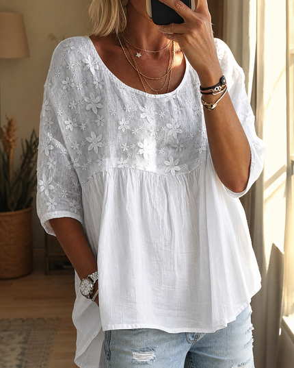 Women's Floral Embroidered Short Sleeve Blouse