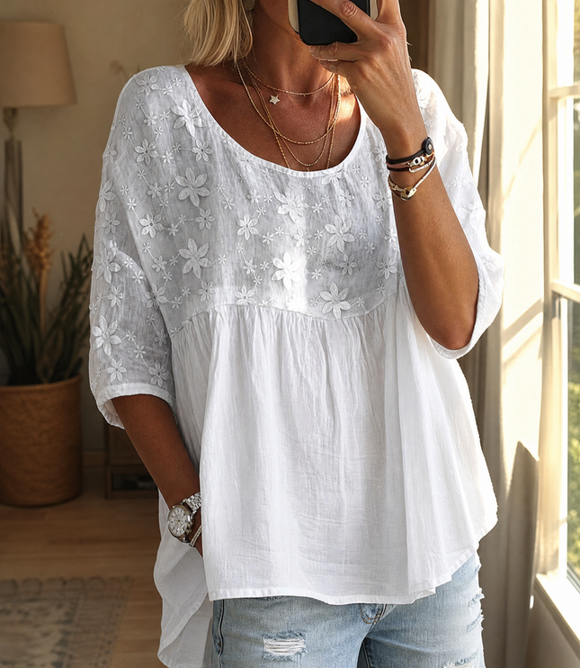 Women's Floral Embroidered Short Sleeve Blouse