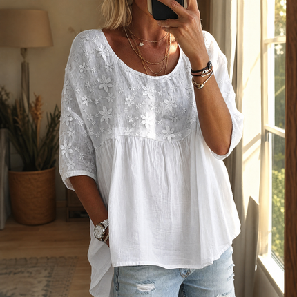 Women's Floral Embroidered Short Sleeve Blouse