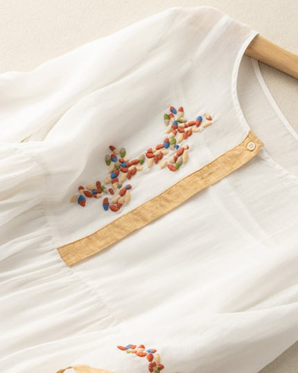 Close-up of white embroidered midi dress with multicolor floral stitching and tan placket