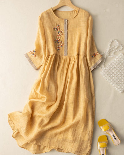 Mustard yellow women's summer embroidered midi dress with 3/4 sleeves and floral detail