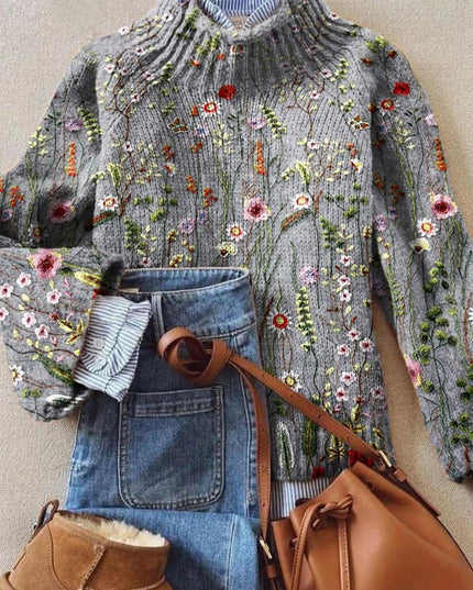 Women's Floral Embroidered Turtleneck Knit Sweater