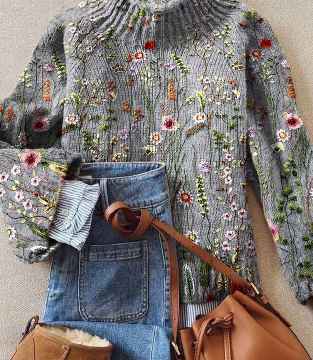 Women's Floral Embroidered Turtleneck Knit Sweater